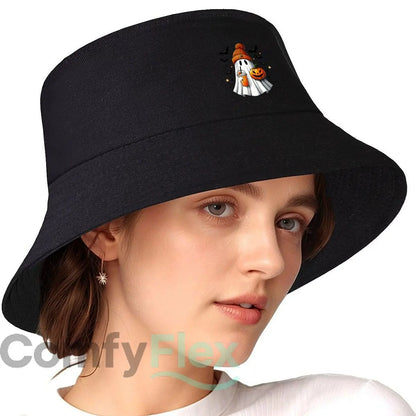 Cute Halloween Ghost With Knitted Beanie Pumpkin And Bubble Tea Bucket Hat