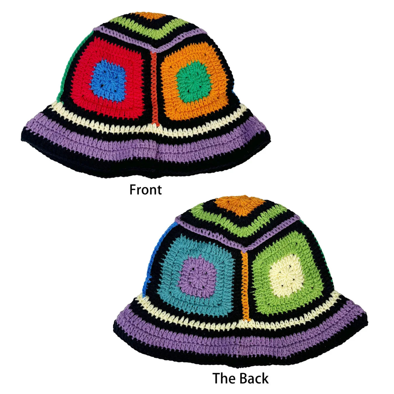 Purple-Edged Zuma Hat, Hand-Knitted Colorful Patchwork Crochet Bucket Hat