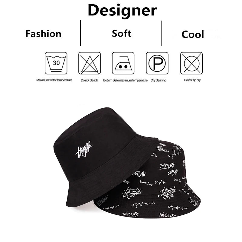 Unisex Double Sided Wearable Thug Life Embroidery Personality Bucket Hats