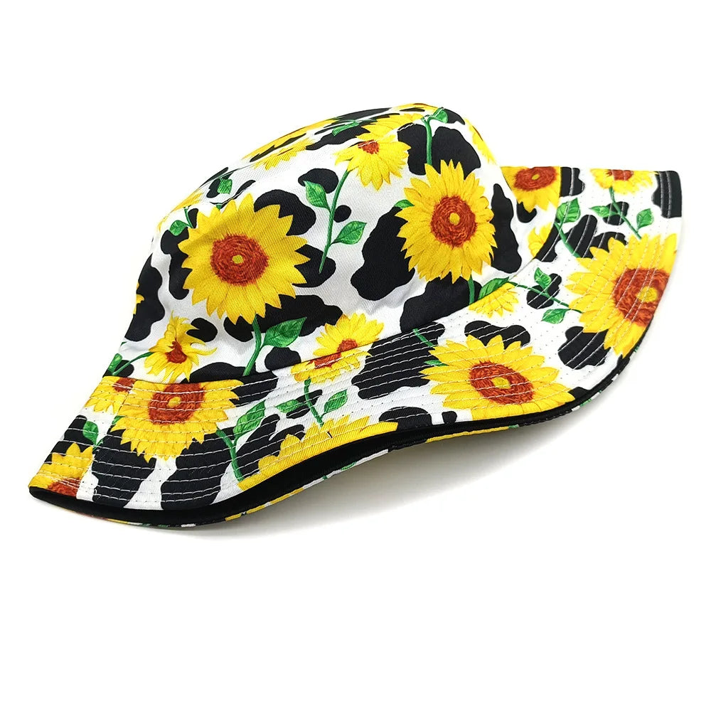 Women's Reversible Cow Print Sunflower Flower Print Bucket Hat
