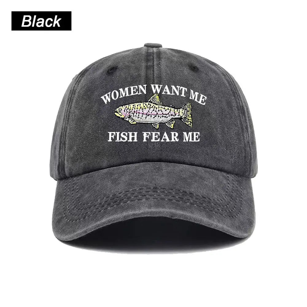 Women Want Me Fish Fear Me Washed Baseball Cap