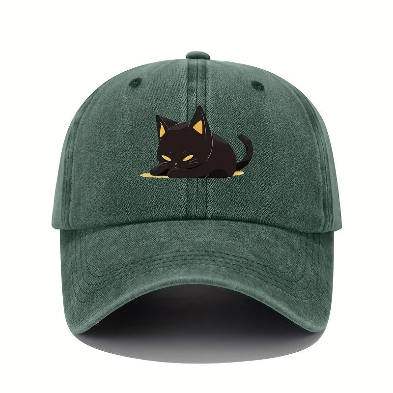 Retro Style Black Cat Printed Baseball Cap With Adjustable Sun Protection