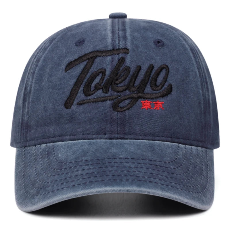 Tokyo Letter Embroidery Washed Soft Top Cowboy Baseball Cap Men Women