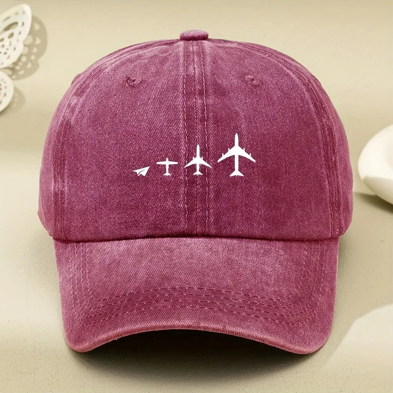 Retro Airplane Print Washed Baseball Cap For Both Men And Women