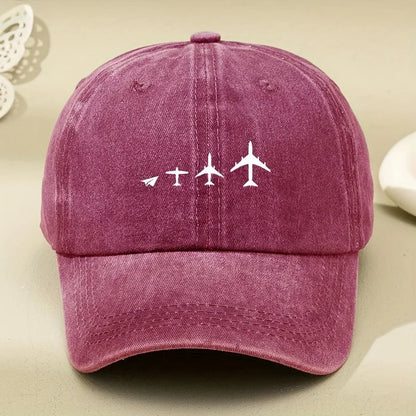 Retro Airplane Print Washed Baseball Cap For Both Men And Women