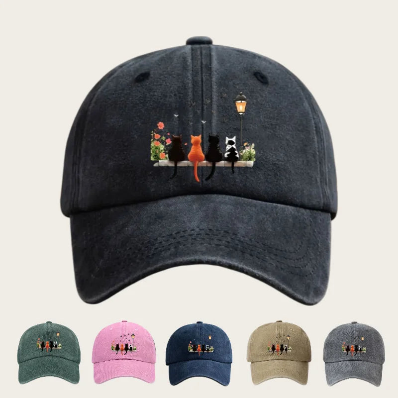Washed Baseball Cap With Lantern Cats Cartoon Pattern Print