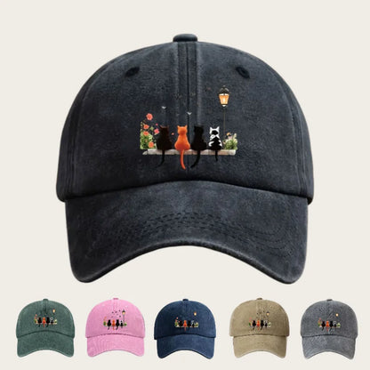 Washed Baseball Cap With Lantern Cats Cartoon Pattern Print