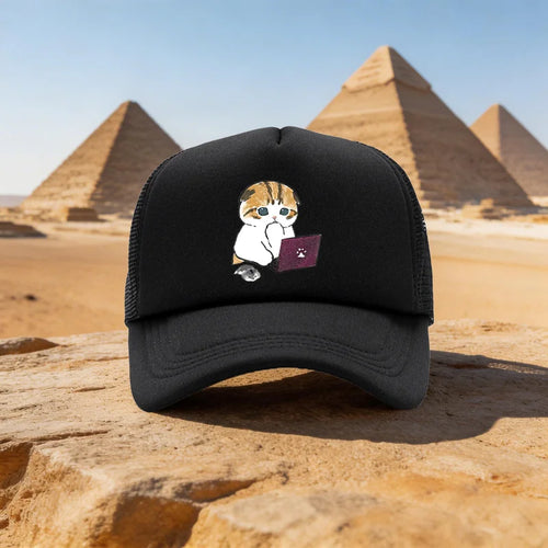 Baseball Cap Cat Thinking in Front of Computer Pattern