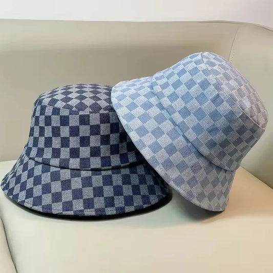 Vintage Retro Washed Foldable Cap Gorras Plaid Panama Denim Bucket Hat Bob