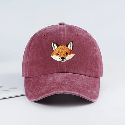 Cute Fox Embroidered Vintage Washed Baseball Cap