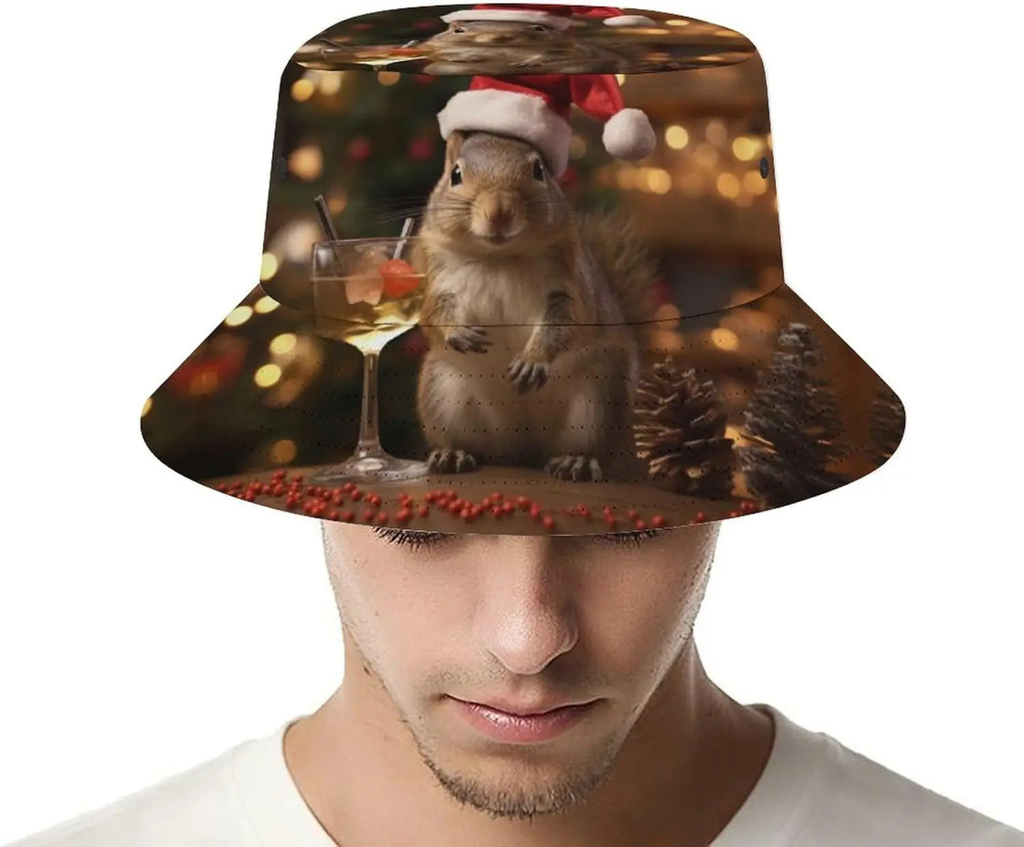 Fishing Hats Christmas Squirrel at Happy Hour Bucket Hat