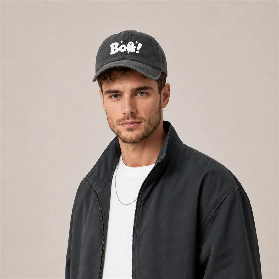 Vintage Washed Boo Ghost Quote Graphic Baseball Cap