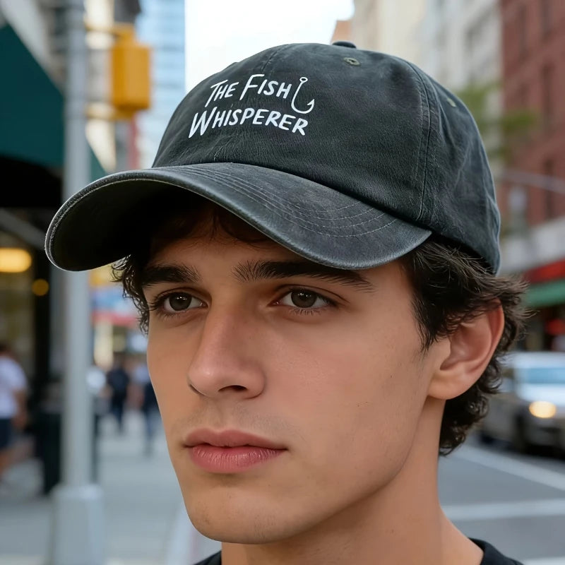 Retro Washed "Fish Whisperer" Printed Baseball Cap