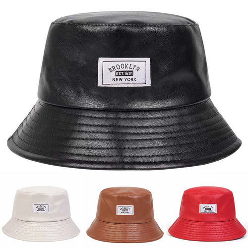 Unisex BROOKLYN EST1631 NEW YORK Sewing Label Personality Pu Leather Bucket Hats Fishermen Sunscreen Hat