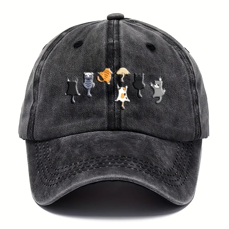 Trendy Cute Cat Print Washed Vintage Soft Top Sunshade Baseball Cap