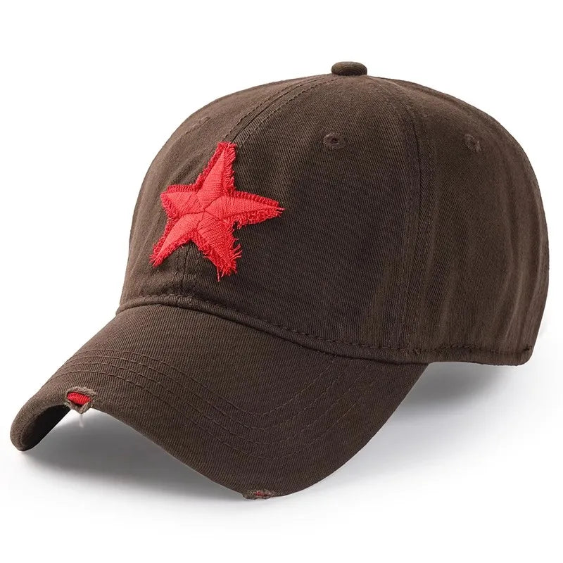 Vintage Distressed Baseball Cap with Red Star Embroidered Patch Ladies Cotton