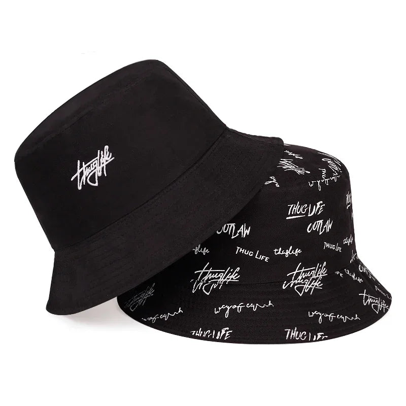 Unisex Double Sided Wearable Thug Life Embroidery Personality Bucket Hats