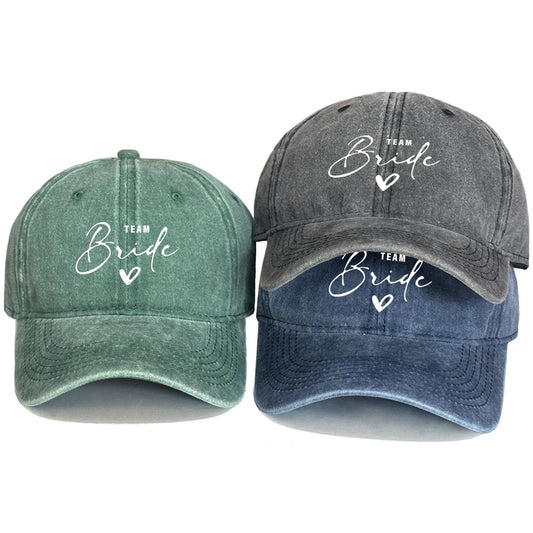 Washed Distressed Snapback Text Team Bride Printed Baseball Hat