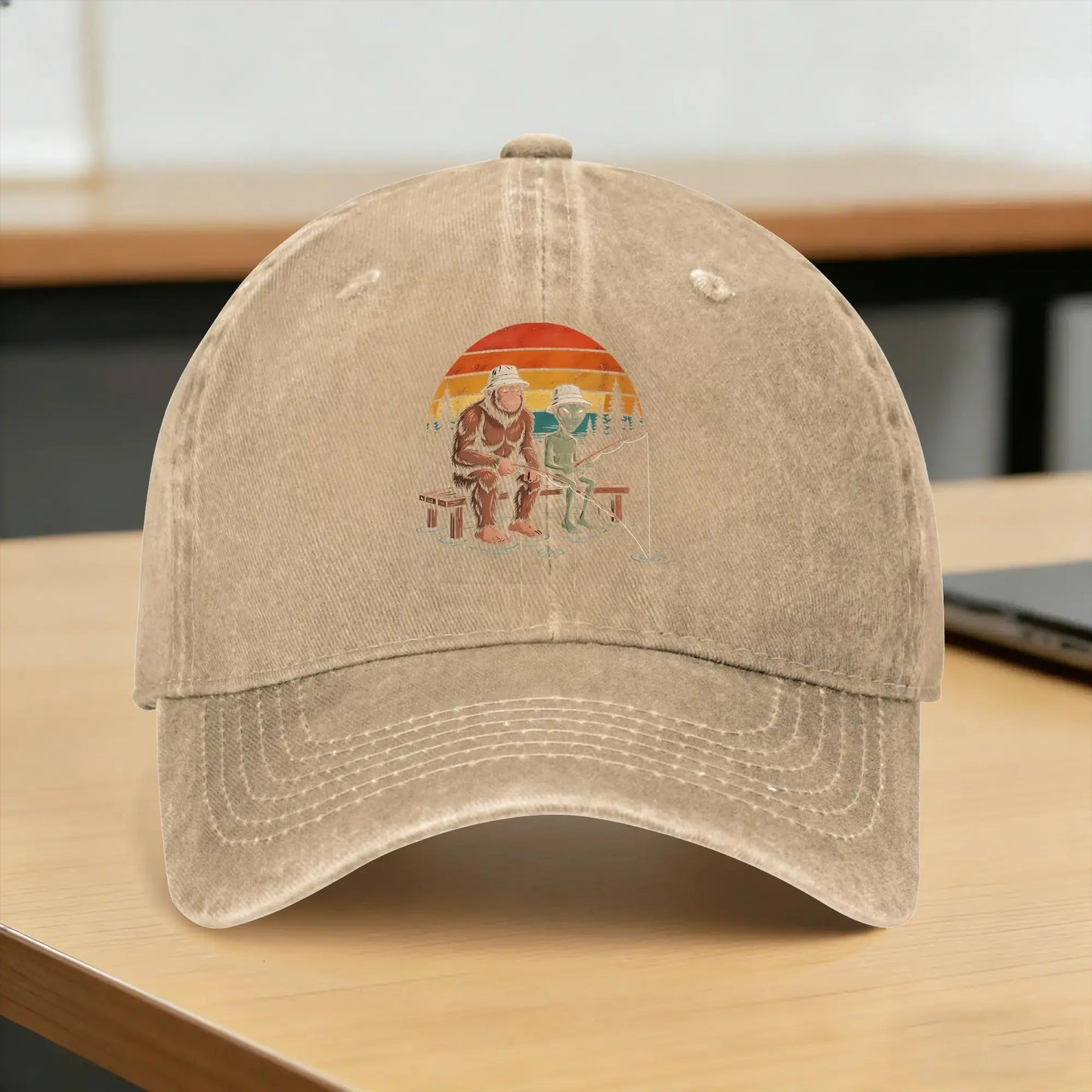 Washed Baseball Cap Alien Fishing Bigfoot And Pine Lake
