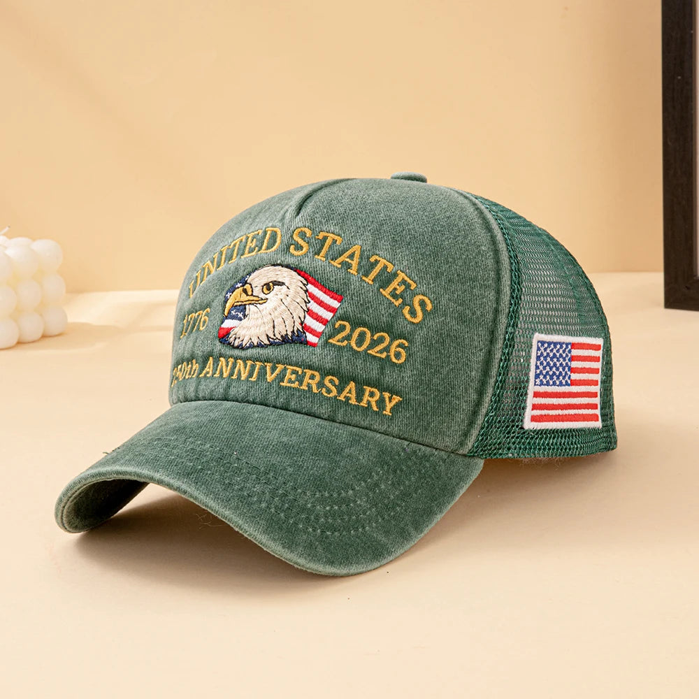 United States 250th Anniversary 1776-2026 Bald Eagle Embroidered Washed Mesh Baseball Cap
