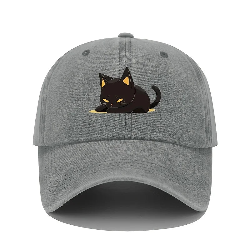 Retro Style Black Cat Printed Baseball Cap With Adjustable Sun Protection