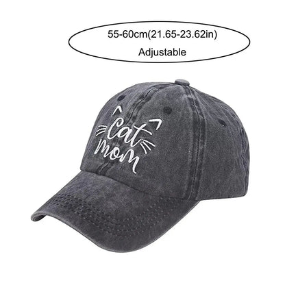 Cat Mom Embroidered Washed Cotton Baseball Cap
