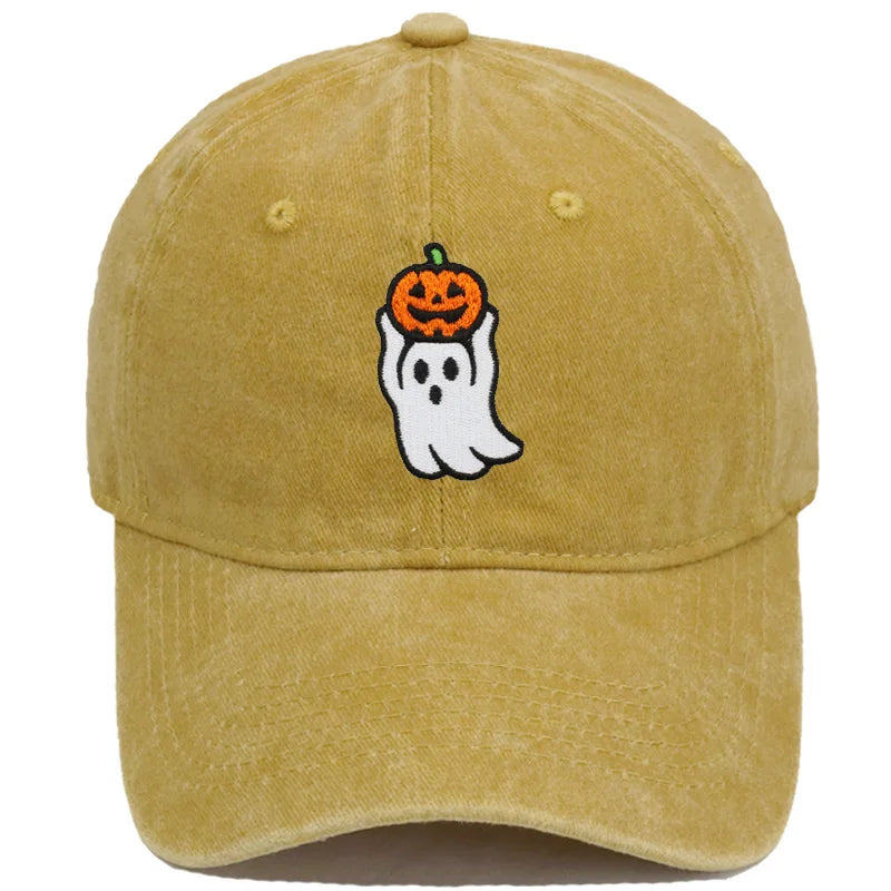 Vintage Washed Cute Ghost Holding Pumpkin Embroidery Baseball Cap