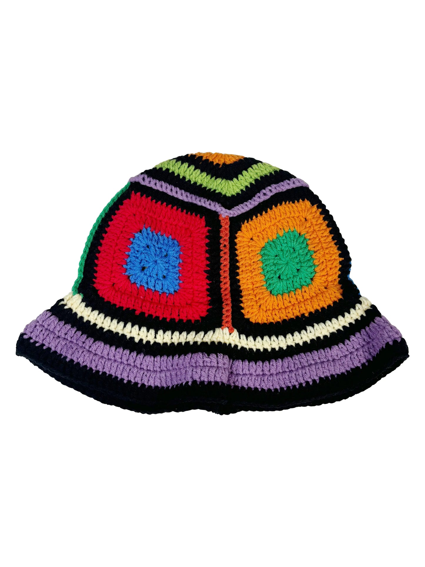 Purple-Edged Zuma Hat, Hand-Knitted Colorful Patchwork Crochet Bucket Hat