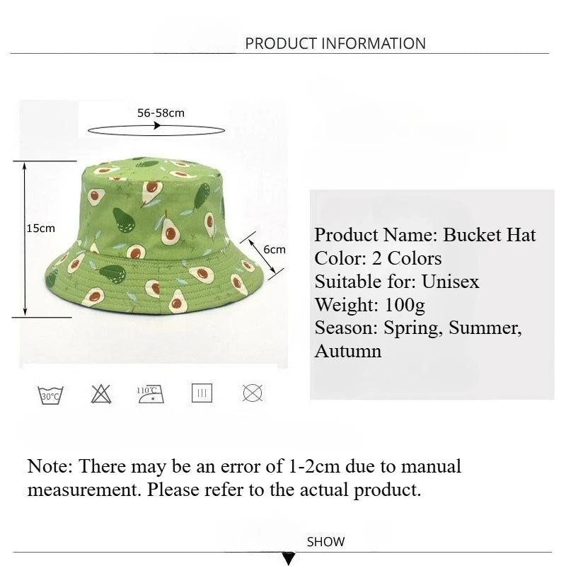 Unisex Avocado Print Bucket Fisherman's Hat Korean Style Reversible Basin Hat Boys & Girls