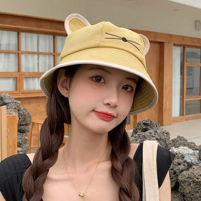 Korean Cartoon Cat Ears Women Bucket Hat
