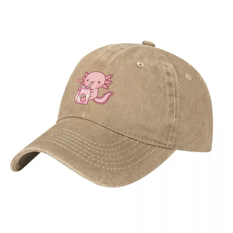 Cute Axolotl Drinking Milk Washed Denim Baseball Cap