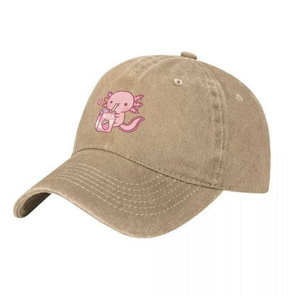 Cute Axolotl Drinking Milk Washed Denim Baseball Cap