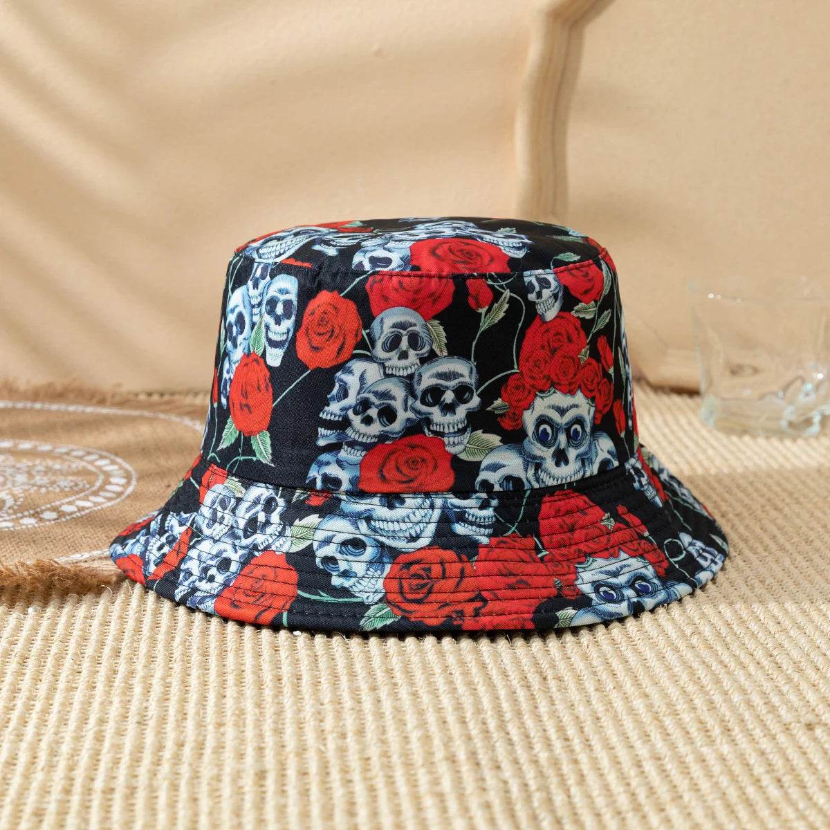 Cross-border Halloween Atmosphere, Fashionable Printed Rose Finger Skull Bucket Hat