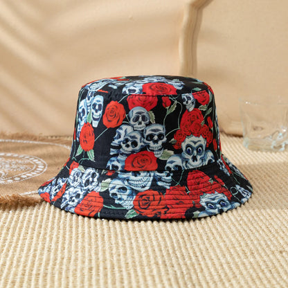 Cross-border Halloween Atmosphere, Fashionable Printed Rose Finger Skull Bucket Hat