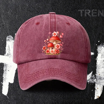 Baseball Cap with Mushroom and Flower Print