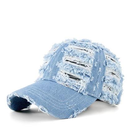 Distressed Denim Baseball Cap Vintage Ripped Style