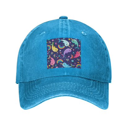 Rainbow Narwhals Under the Sea Blue Washed Denim Cap Casual Baseball Caps