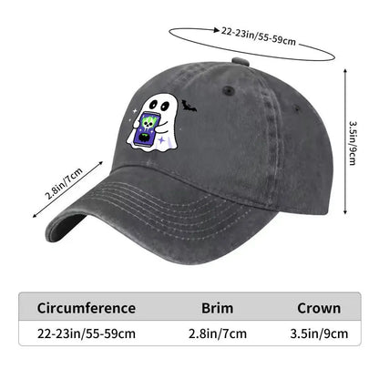 Ghost Holding Phone Print Washed Denim Baseball Cap