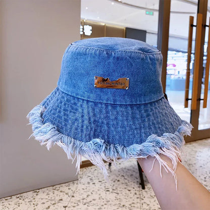 Summer Unisex Tassel Washed Denim Bucket Hats Fashion for Women