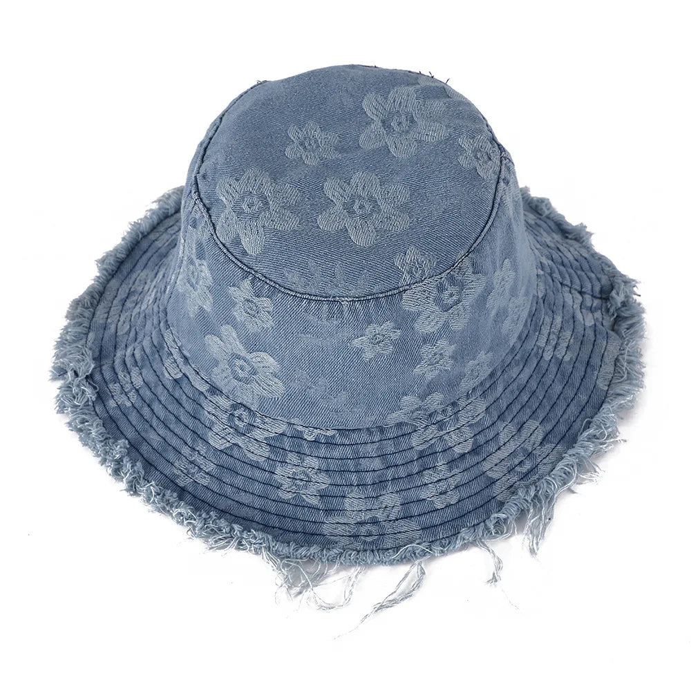 Sunscreen Denim Basin Hat Casual Wind Floral Burr Edge Versatile Bucket Hat