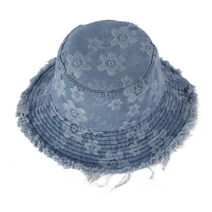 Sunscreen Denim Basin Hat Casual Wind Floral Burr Edge Versatile Bucket Hat