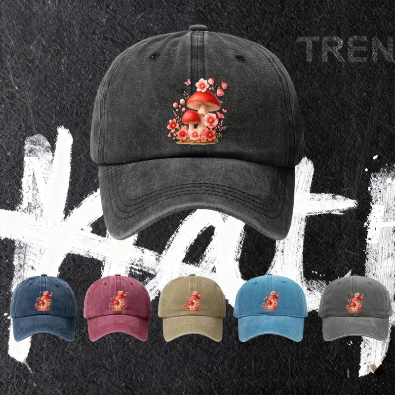 Baseball Cap with Mushroom and Flower Print