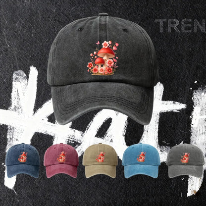 Baseball Cap with Mushroom and Flower Print