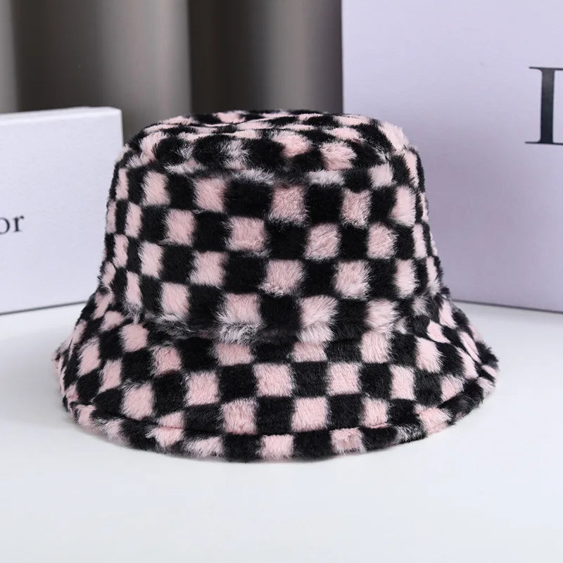Ins Checkerboard Hat Women's Korean Version Plush Pink Bucket Hat