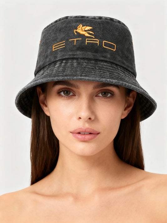 'E.T.R.O'  Washed Retro Sunshade Embroidered Fisherman Hat Bucket Hat