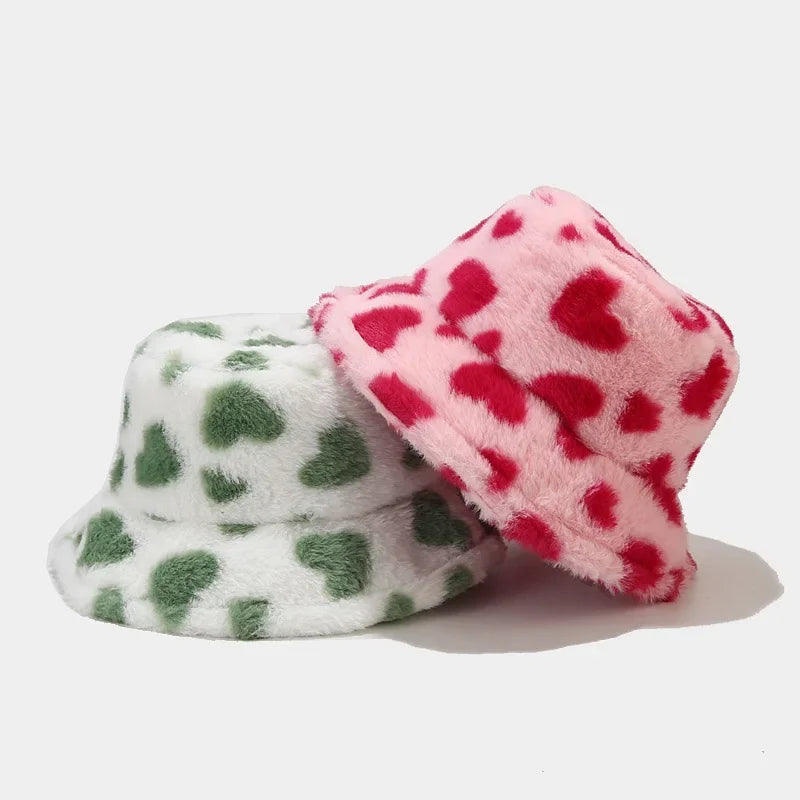 Winter Heart Print Faux Fur Fluffy Bucket Hat Women Outdoor Warm Hats