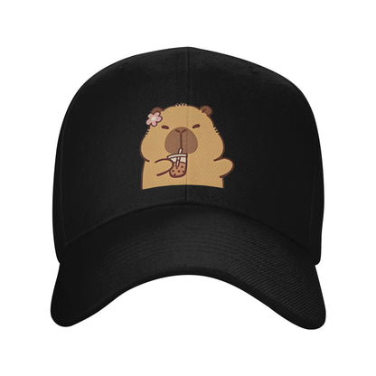 Cartoon Capybara Drinking Milk Tea Baseball Caps