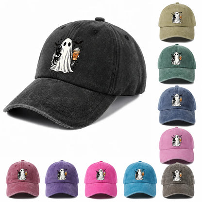 Vintage Washed Ghost Black Cat Coffee Graphic Baseball Cap