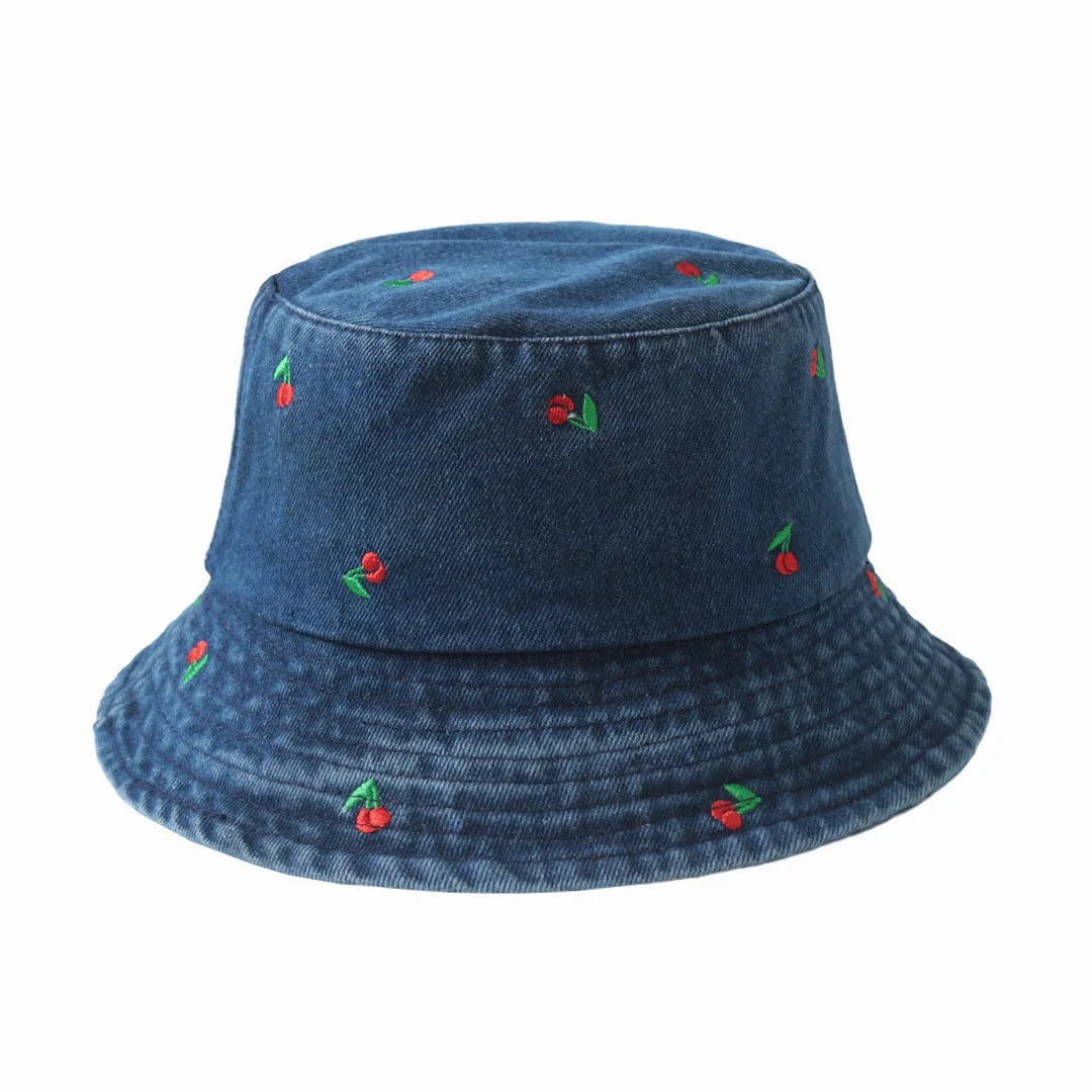 New Summer Hat For Women Denim Bucket Hat Embroidery Heart Butterfly Daisy