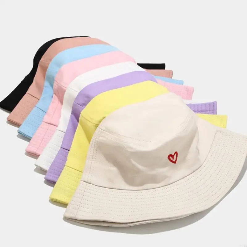 Stylish Bucket Hats With Heart Embroidery Ladies Girls Fashion Sun Hats